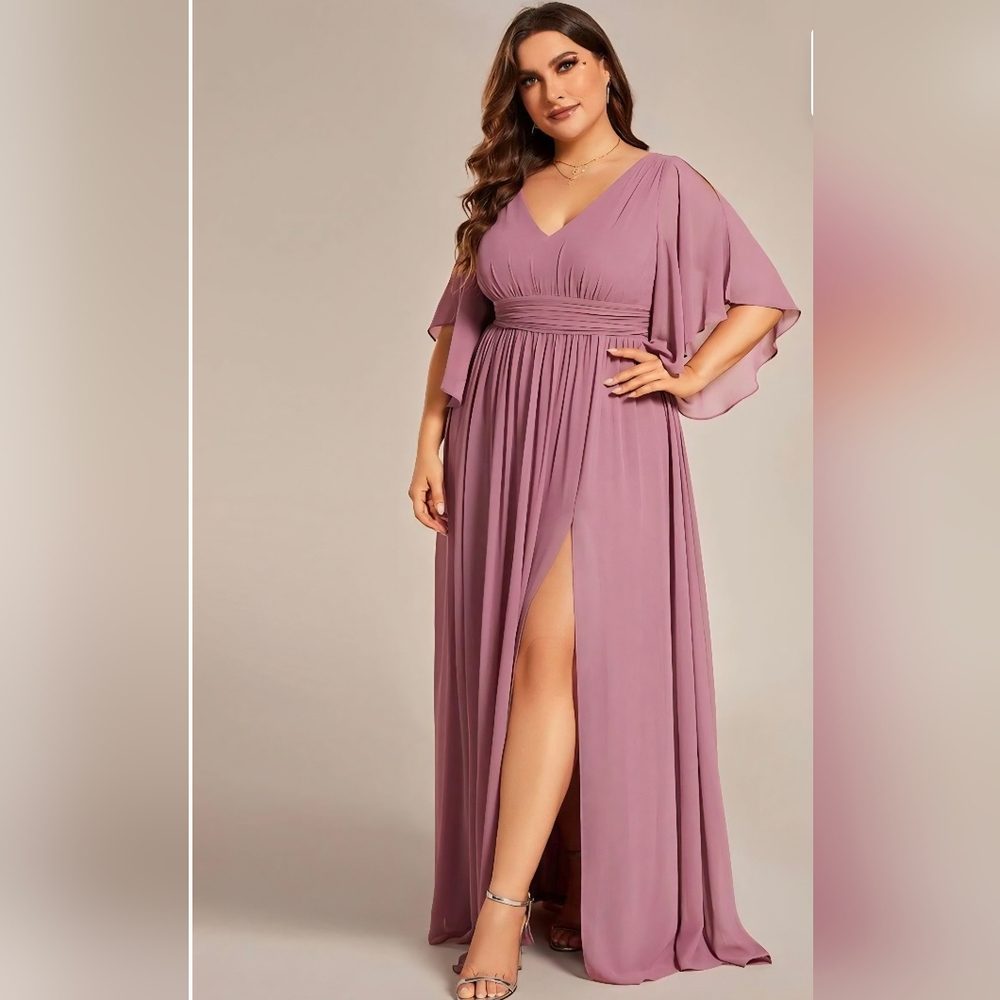 Ever Pretty Mauve Half Sleeve Pleated A-Line V-Neck Chiffon Maxi Dress